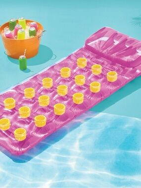 Pink Inflatable Pool Float with Yellow Cup Holders